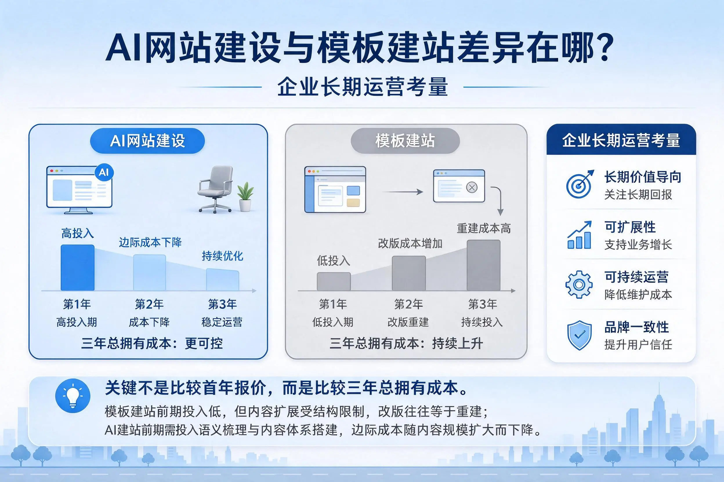 AI网站建设与模板建站差异在哪?运城企业长期运营考量